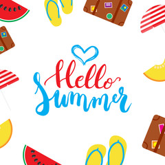 Hello Summer brush hand painted lettering phrase isolated on the white background with colorful watermelon, melon, step-ins, parasol, suitcase icons.