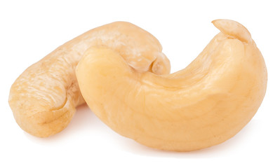 two cashew nuts on a white background close-up