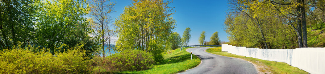 Fototapeta na wymiar Car on asphalt road in beautiful spring day at countryside