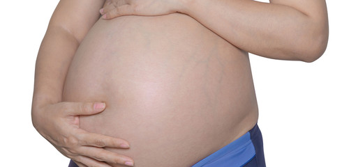 Pregnant woman with hands isolate on white background