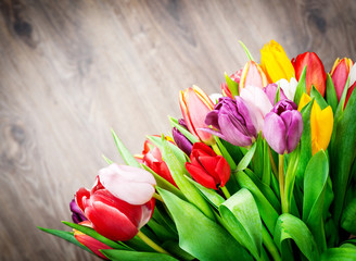 Tulips on wooden background