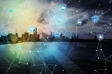 Obraz premium smart city and wireless communication network, abstract image visual, internet of things