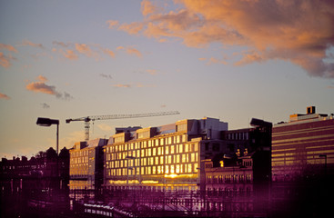 City buildings at sunset