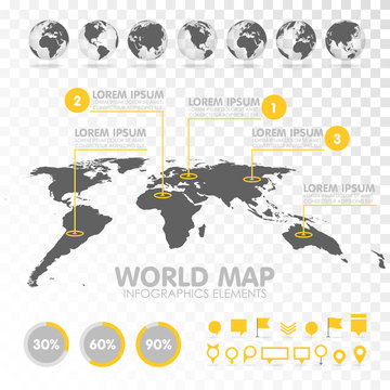 World Map 3D With Set Of Infographics Elements. 