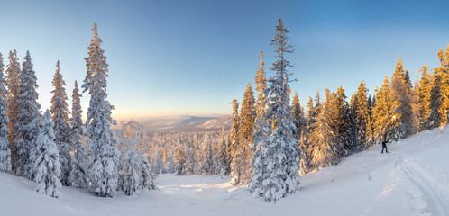 Winter panoranic landscape. Tourist in snowshoeing in jacket sta