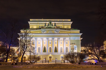 Night view of Alexandrinsky theatre decorated for Christmas, St. Petersburg, Russia