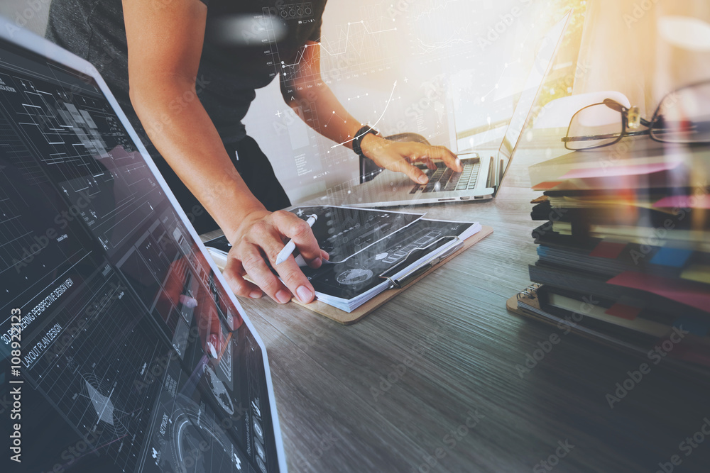 Poster Website designer working digital tablet and computer laptop with