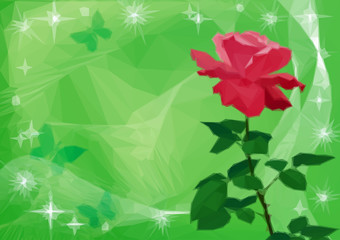 Holiday Background with Flower Rose, Butterflies and Star Silhouettes, Low Poly Pattern. Vector