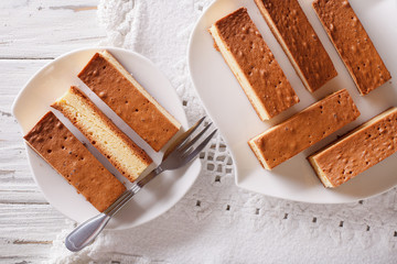 Castella Japanese cake on a plate closeup. horizontal view from above
