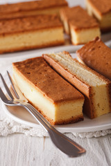 Castella Japanese cake on a plate closeup. Vertical
