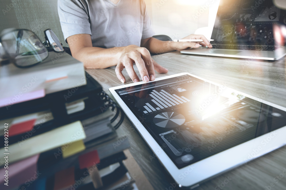 Poster Website designer working digital tablet and computer laptop with
