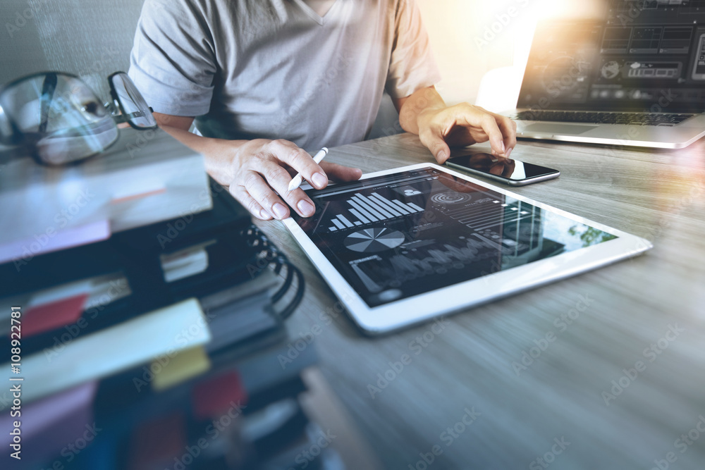 Poster Website designer working digital tablet and computer laptop with