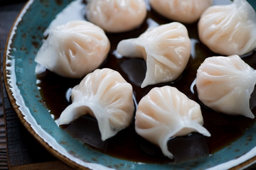 Close-up of chinese steamed prawn hargows, selective focus