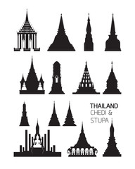 Obraz premium Thailand Buddhist Pagodas Objects, Silhouette Set, Major and Important Chedi or Stupa 