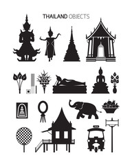 Naklejka premium Thailand Culture Objects, Silhouette Set, Traditional, Buddhist, Temple, House, Tuk Tuk