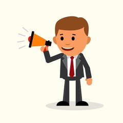 Businessman with loudspeaker. Business vector. Business man shouting in a megaphone. Announcing. Promotion. Vector illustration in a flat design style.