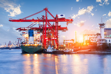 Fototapeta premium Industrial container freight Trade Port scene at sunset