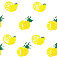 Pineapple and Lemon  with slices on white background seamless
