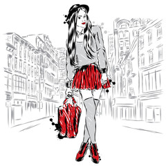 Girl on a city street . Fashionista . Hipster. Vector illustration.
