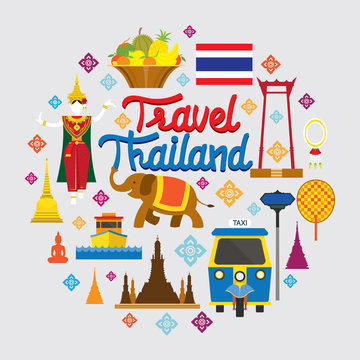 Thailand Landmark Objects Icons Label, Design Elements, Travel Attraction