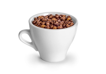 Coffee beans in coffee cup isolated on white