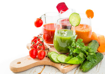 Selection of colorful vegetable juice in glasses