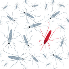 Seamless mosquito pattern. Mosquito warning. Awareness sign. Transmission of malaria, zika virus, dengue and yellow fever.  Virus-spreading mosquitoes poster. Vector illustration.