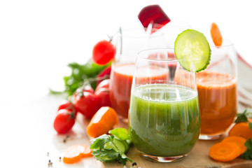 Selection of colorful vegetable juice in glasses