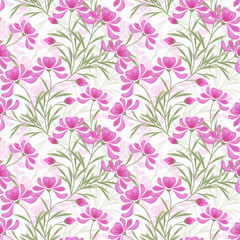 Floral seamless pattern in retro style, cute cartoon pink flowers white background