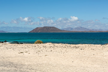 View of Lobos island from Beach in Corralejo, Fuerteventura, Canary Islands, Spain