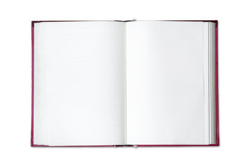 Open blank book isolated on white background.