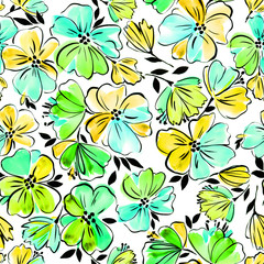 seamless artistic hand drawn flower pattern, graphical, colorful, bright fantasy floral background allover print on white with black outlines