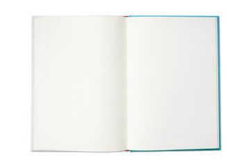 Open blank book isolated on white background.