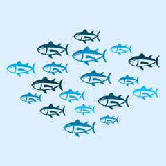 Icono plano cardumen de peces en fondo azul
