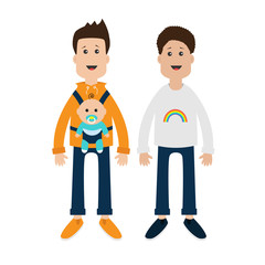 Naklejka premium Gay family. Two fathers with baby boy son in baby carrier sling. Male couple. Rainbow on shirt. Love is love. Greeting card. LGBT community. Cute characters. Flat design.