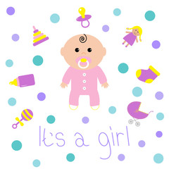 Baby girl shower card Bottle, horse, rattle, pacifier, sock, doll, baby carriage, pyramid toy. Its a girl. White background with circle dot. Isolated. Flat design