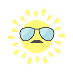 Sun shining icon. Sun face with sunglassess and mustaches. Cute cartoon funny smiling character moustaches.  White background. Isolated. Flat design