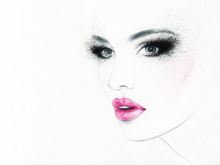 piękna twarz kobiety. kolorowy makijaż. streszczenie akwarela. ilustracja moda - 108928972