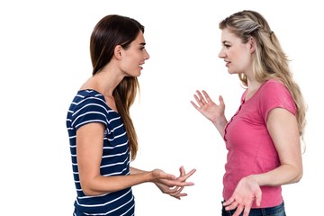 Female friends gesturing while arguing 