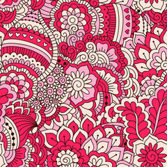 Hand drawn seamless pattern with floral elements. Colorful ethnic background. Pattern can be used for fabric, wallpaper or wrapping
