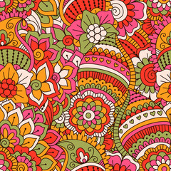 Fototapeta premium Hand drawn seamless pattern with floral elements. Colorful ethnic background. Pattern can be used for fabric, wallpaper or wrapping