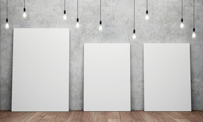 Blank white canvas with glowing light bulbs. 3D rendering