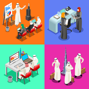 Middle East Arab Businessmen working on Laptop. Arabian hijab desk woman working at a laptop. Flat 3D Isometric People Collection.