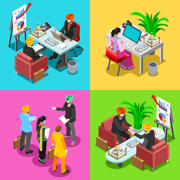 Indian Business Infographic. Businessman Web Conference Hand Shaking Negotiate Agreement and Woman Employee.Flat 3D Isometric People Set.