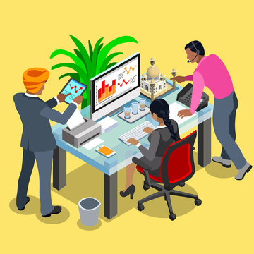 Indian Business Infographic. Businessman Engineer Data Analysis Business Planning and Woman Employee.Flat 3D Isometric People Set.