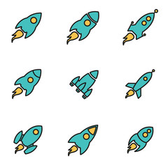 Trendy flat line icon pack for designers and developers. Vector line rocket icon set, rocket icon object, rocket icon picture, rocket image - stock vector