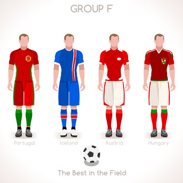 France EURO 2016 Championship Infographic Qualified Soccer Players GROUP F. Football Game Jersey flags of final participating countries. Flat People Vector Icons