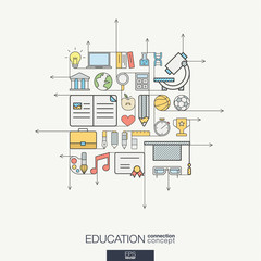 Education integrated thin line symbols. Modern color vector concept, with connected flat design icons. Abstract background illustration for elearning, knowledge, learn and global concepts.