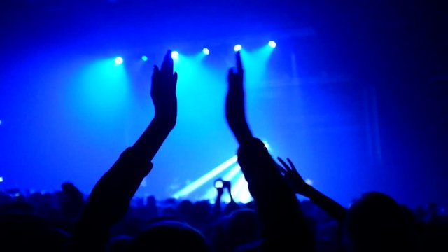 Here is footage of people crowd partying at a concert or a night club. You can see dark silhouettes dancing, jumping and waving hands in front of stage.