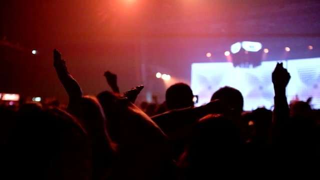 Here is footage of people crowd partying at a concert or a night club. You can see dark silhouettes dancing, jumping and waving hands in front of stage.
